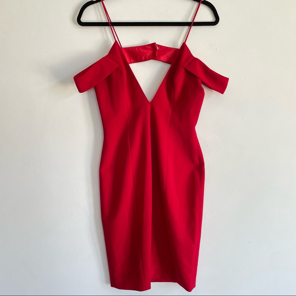 JAYGODREY Red Off the Shoulder Cocktail Dress Midi Spaghetti Strap Jay Godfrey
